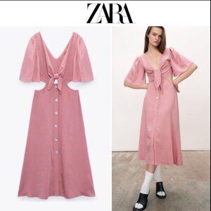 NWT Zara Tie Front Cut-Out Pink Open Back Midi Dress Size M NEW WITH TAG!